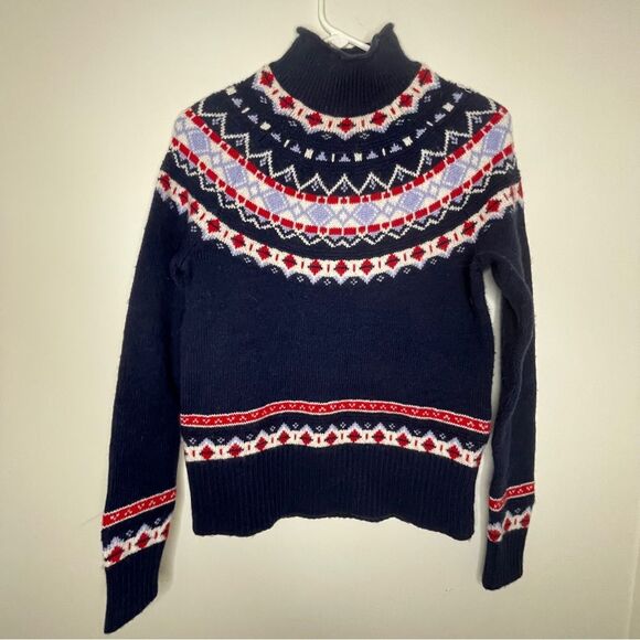 J Crew Mock Rolled Neck Festive Fair Isle Christmas Holiday Sweater Sz XS Blue - Picture 1 of 6